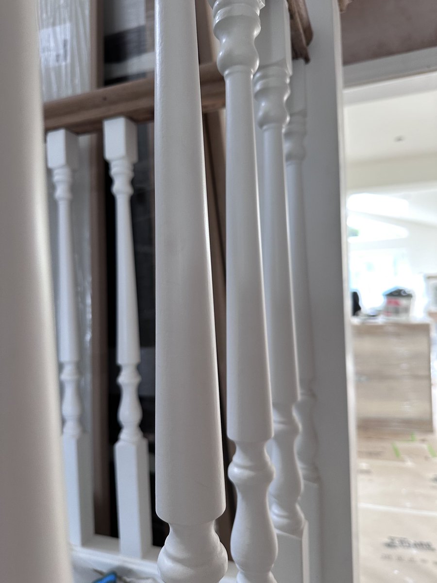 Sprayed these spindles 5 years ago for a repeat customer. Still looking good. Using the finest Italian paint - Renner Wood Coatings (760) 30% sheen ~ Satin wood.