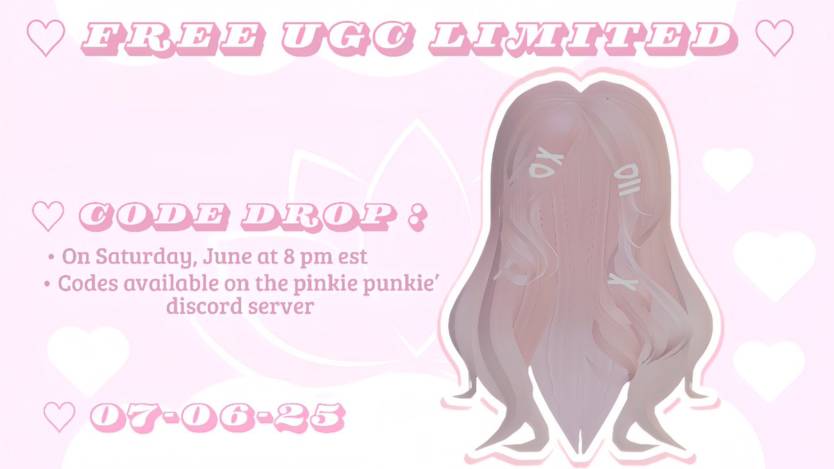 Naikirx's tweet photo. ꒰ 🍥 (FREE UGC LIMITED) ♡ Cute Curly Pink Hair w clips
ִֶָ☾ 𝜗ৎ CODE DROP: On 07/06/25 at 8 pm est
It will be about 30+ copies
࣪☾ 𝜗ৎ Stock: 65
☾ 𝜗ৎ Dc: https://t.co/SgtpjRtaBc
#ROBLOX #RobloxFreeUGC #RobloxUGCLimited #ugccommunity #limitedfree #freeugc #ugcfreelimited https://t.co/lGxJOmAKMx