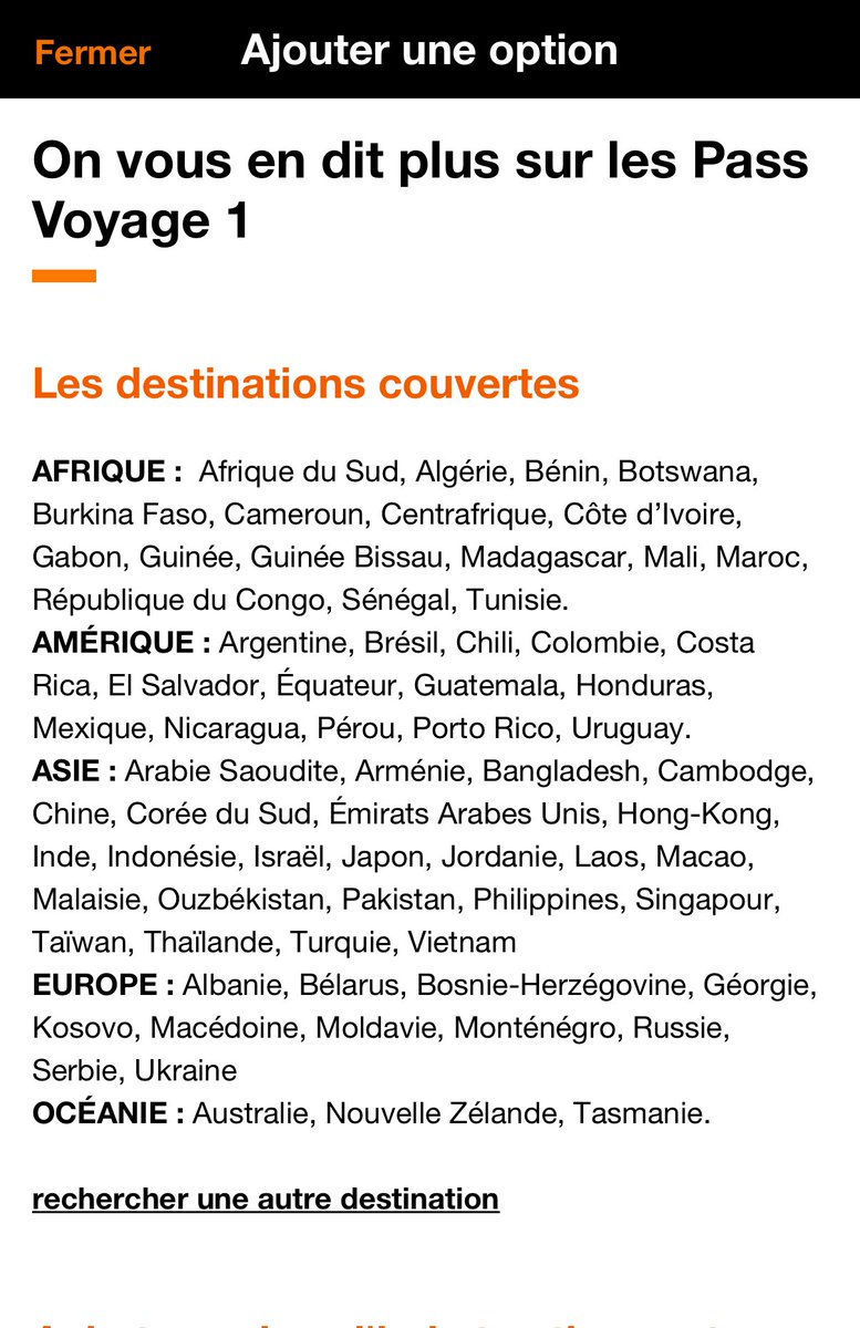 Les pass voyage Orange 🍊 pulvérisent la concurrence et permettent d’utiliser ceux-ci dans plusieurs pays différents 👍

Pass USA 🇺🇸 Canada 🇨🇦 et Pass 1 par ex
