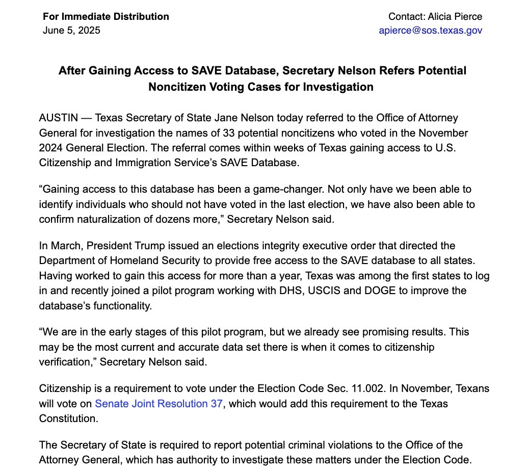 Erin Anderson (@truetexastea) on Twitter photo "Gaining access to this database has been a game-changer." ~@TXSecofState
TEXAS SECRETARY OF STATE <a href="/SecJaneNelson/">Secretary Jane Nelson</a> refers 33 potential noncitizens who voted in the November 2024 election for investigation by the <a href="/TXAG/">Texas Attorney General</a>, after gaining access to SAVE data. #TXLege "Gaining access to this database has been a game-changer." ~@TXSecofState
TEXAS SECRETARY OF STATE <a href="/SecJaneNelson/">Secretary Jane Nelson</a> refers 33 potential noncitizens who voted in the November 2024 election for investigation by the <a href="/TXAG/">Texas Attorney General</a>, after gaining access to SAVE data. #TXLege