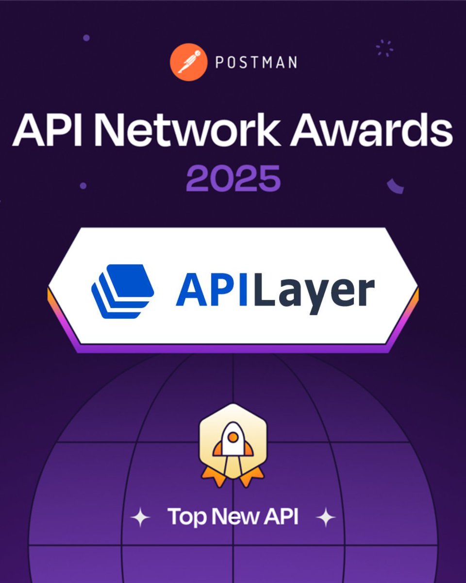 apilayer's tweet photo. We just won Postman’s Top New API Award! 🏆

Out of 100,000+ APIs, APILayer stood out for performance & developer experience.

Huge thanks to @getpostman & our amazing dev community 💙

#APILayer #Postman #DevTools #postcon #POSTCON25