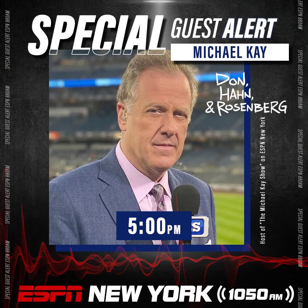 ESPN New York (@espnnewyork) on Twitter photo SPECIAL GUEST ALERT!
TODAY at 5:00PM on <a href="/DHRonESPN/">Don, Hahn & Rosenberg</a>:
<a href="/RealMichaelKay/">Michael Kay</a> joins the program to discuss all things New York Yankees!
LISTEN HERE: bit.ly/ListenESPNNY, on 1050AM ESPN New York or on the <a href="/ESPNNewYork/">ESPN New York</a> App!
DOWNLOAD THE APP HERE: goodkarma.qrd.by/espnny-app SPECIAL GUEST ALERT!
TODAY at 5:00PM on <a href="/DHRonESPN/">Don, Hahn & Rosenberg</a>:
<a href="/RealMichaelKay/">Michael Kay</a> joins the program to discuss all things New York Yankees!
LISTEN HERE: bit.ly/ListenESPNNY, on 1050AM ESPN New York or on the <a href="/ESPNNewYork/">ESPN New York</a> App!
DOWNLOAD THE APP HERE: goodkarma.qrd.by/espnny-app