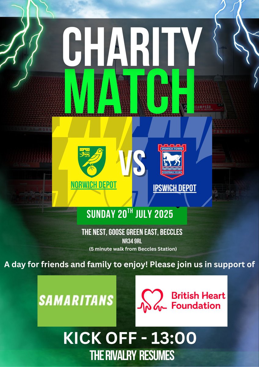 Please help us by sharing and spreading the word. 
On July 20th we are hosting a charity football event in Beccles between Norwich and Ipswich Railway Depots to raise money for The British Heart Foundation and Samaritans.

paypal.com/pool/9fo4MDgQu…

#ITFC #NCFC

Please RT