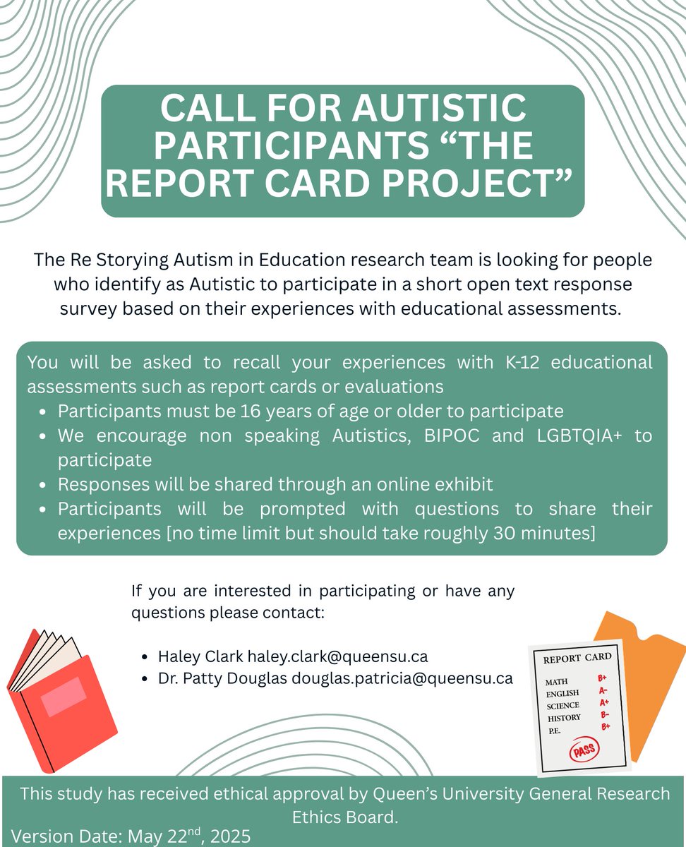We are recruiting autistic individuals 16 years of age or older to participate in an online exhibit sharing their experiences of k-12 educational assessments. Please contact Dr. Patty Douglas [douglas.patricia@queensu.ca] or Haley Clark [21hmc13@queensu.ca] for more information