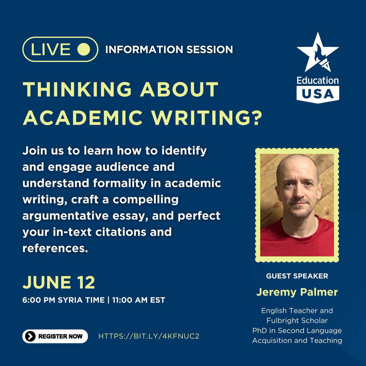 Want to sharpen your academic writing skills? Fulbright scholar &amp; English teacher Dr. Jeremy Palmer will share his expertise on how to:
✅ Engage your audience in academic writing
✅ Understand formality in scholarly work
✅ Craft a strong argumentative essay
✅ Perfect citations