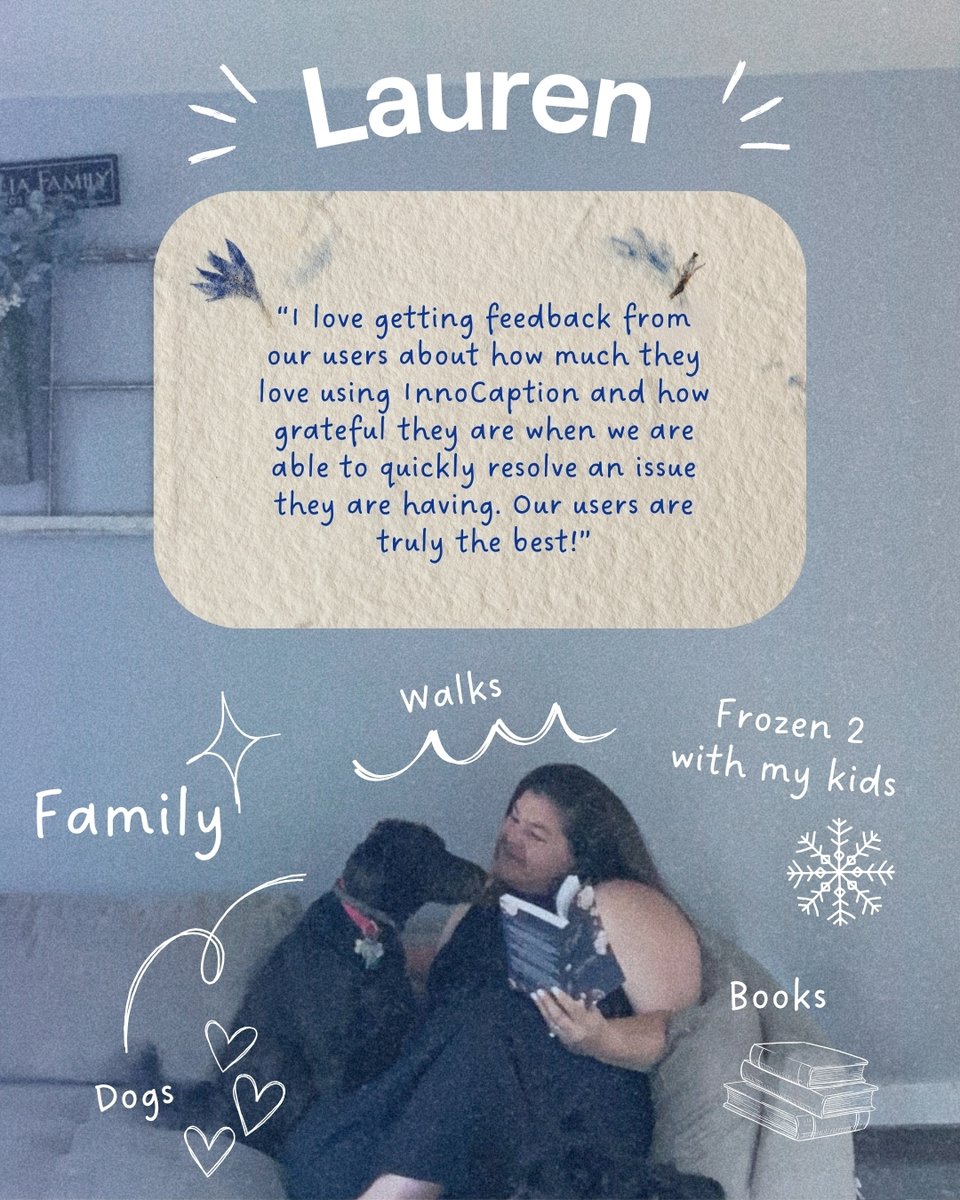 Swipe right to learn more about Lauren! With over 15 years of expierence in customer support, she loves receiving feedback from InnoCaption users. Lauren and her husband have two kids and a border collie named Millie!

#InnoCaption #MeetTheTeam