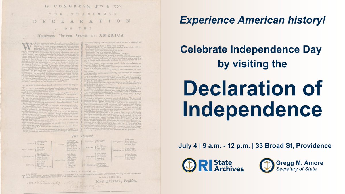 Mark your calendars! The State Archives will be open on Independence Day once again to display Rhode Island's three copies of the Declaration of Independence from 9 a.m. to 12 p.m. We hope to see you there!

More info: facebook.com/share/1EHz1GYh…
