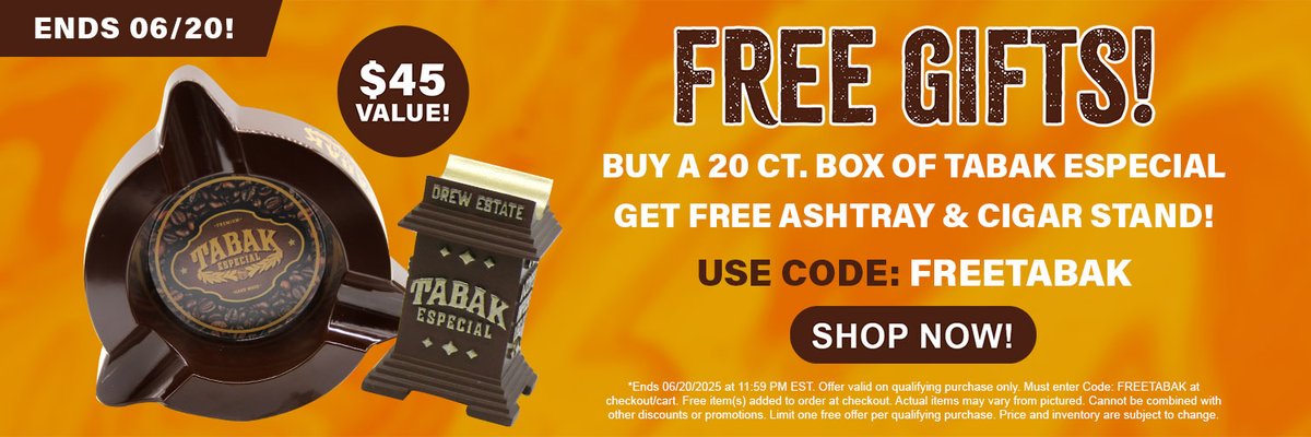 2 Weeks Only: Free Tabak Ashtray &amp; Cigar Stand ($45 value!)

Shop Now: coronacigar.com/brands/drew-es…

**Ends 06/20/2025 at 11:59PM EST | Offer valid with 20ct+ box purchases of Tabak Cigars only | Use code FREETABAK at Checkout | Free items added to order at Cart/Checkout**