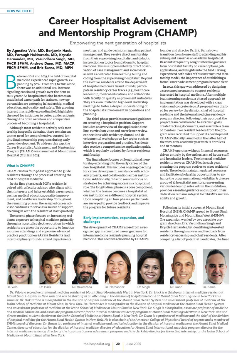 🚨Hot off the press!🚨
CHAMP — our mentorship dream team for future hospitalists — is featured in The Hospitalist (June 2025)! 🩺🌟
Structured advice, real-world experience, and career prep? Yes please.
27 mentees, 10 mentors, 1 mission: build the next gen of hospital leaders.