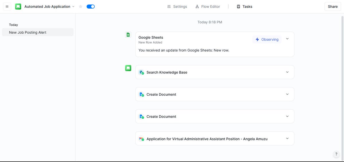 angel_kafui's tweet photo. Built a workflow agent with Lindy. This AI-powered automation agent uses details from a job posting saved from Google Forms to generate a cover letter and CV to match the job requirements,  then sends them as an email so you can review and submit🔥🔥  
@alx_africa #ALX_AiSK https://t.co/cNOlKBMeVb