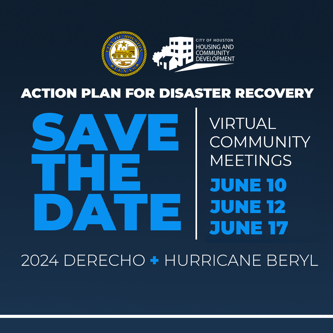 Attention Houstonians! Join our Virtual Community Meetings on June 10, 12, or 17 to discuss the Draft Action Plan for Disaster Recovery after the 2024 Derecho and Hurricane Beryl. Your input is vital for shaping recovery efforts! #DisasterRecovery #CommunityFeedback #HCD