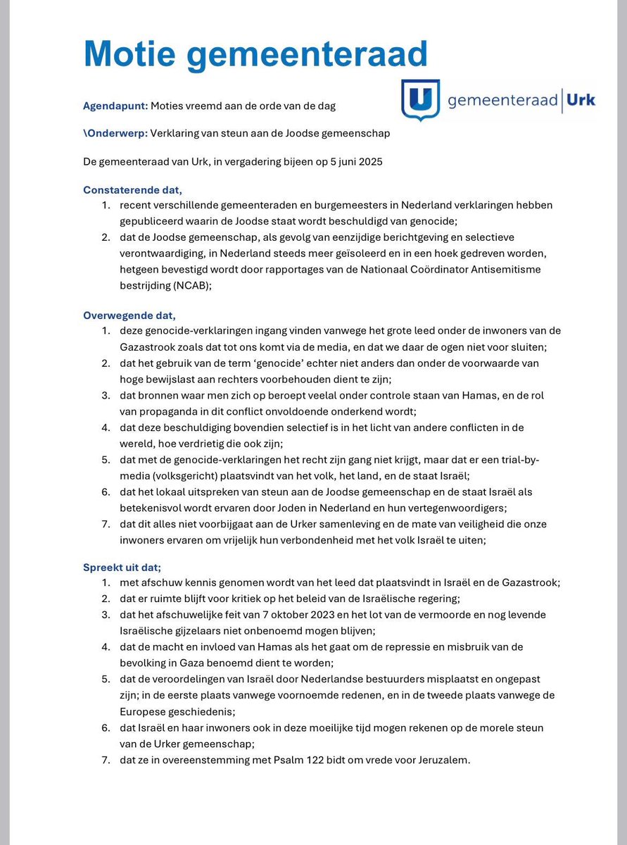 Hierbij de Urker steun voor Joden en Israël op papier. Eindelijk een evenwichtiger geluid wat amper klinkt. Klasse Urkers!
