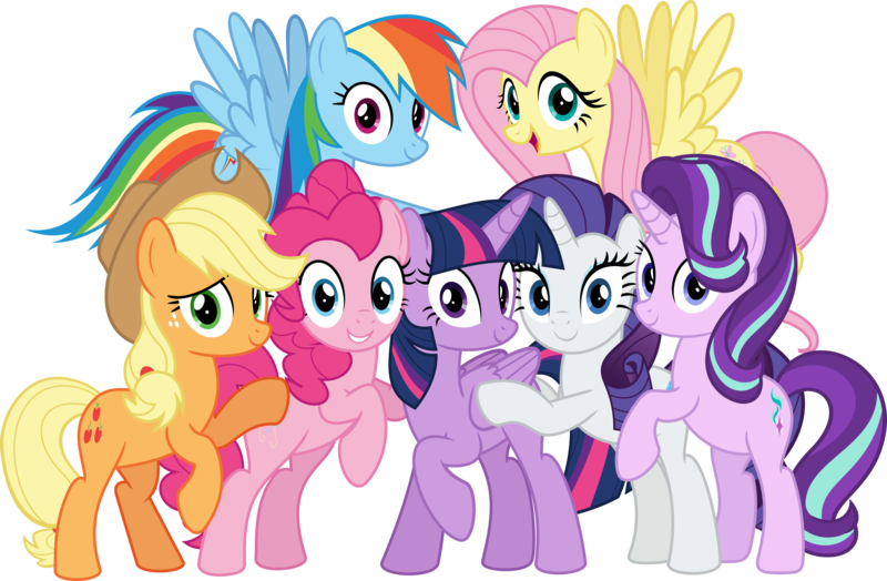 My Little Pony Friendship Is Magic- The mane 7
Twilight Sparkle, Starlight Glimmer, Fluttershy, Rarity, Applejack, Rainbow Dash and Pinkie Pie