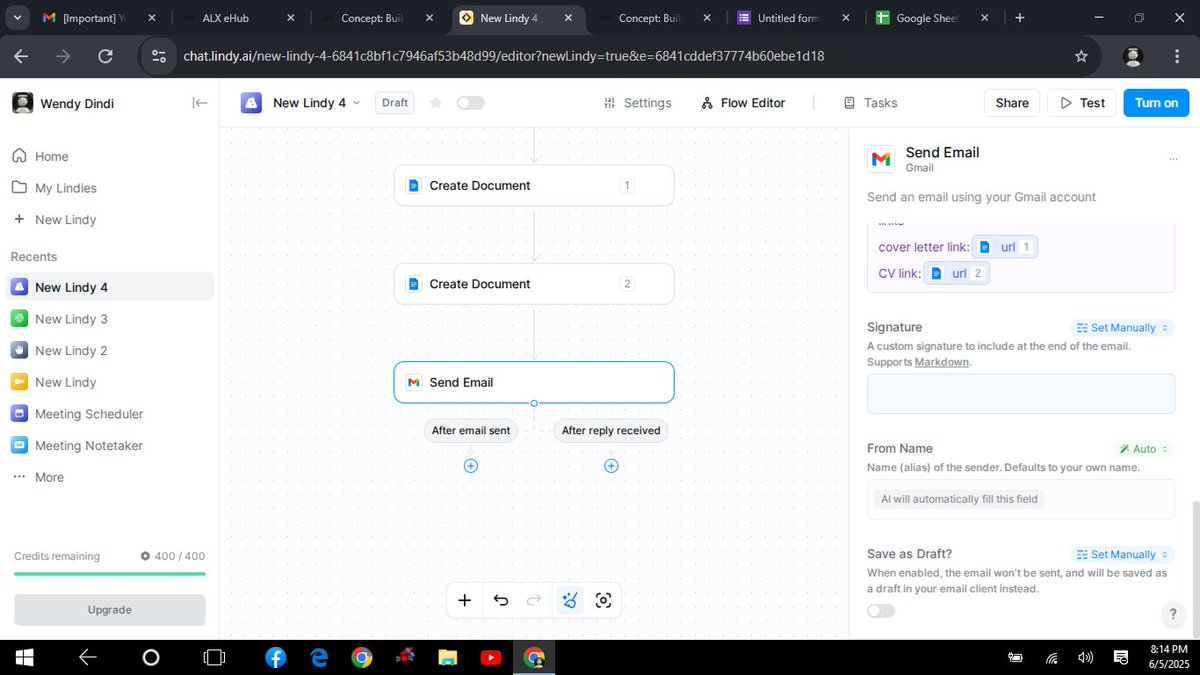 Dindiwendy's tweet photo. with AI powered automation agents @alx_africa , I was able to build a workflow agent that saves job announcements via google form, take the details and re write my cv and a customized letter to match the job requirements. #ALXAISK https://t.co/nCedlqopZi