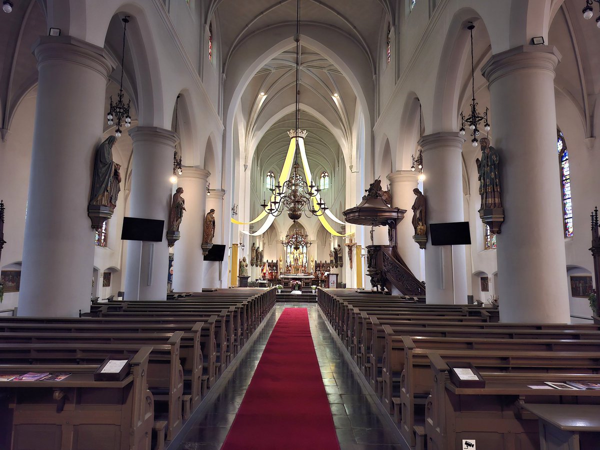 MachielLock's tweet image. #Boxtel, Sint-Petrusbasiliek (gebouwd 15e/16e eeuw). Aan de voorste linkerpilaar bij het koor zien we een groot Petrusbeeld, terwijl we aan de rechterpilaar een crucifix (beeld waarop de gekruisigde Jezus is bevestigd). Het orgel (1842) in de #basiliek is gebouwd door F.C. Smits.