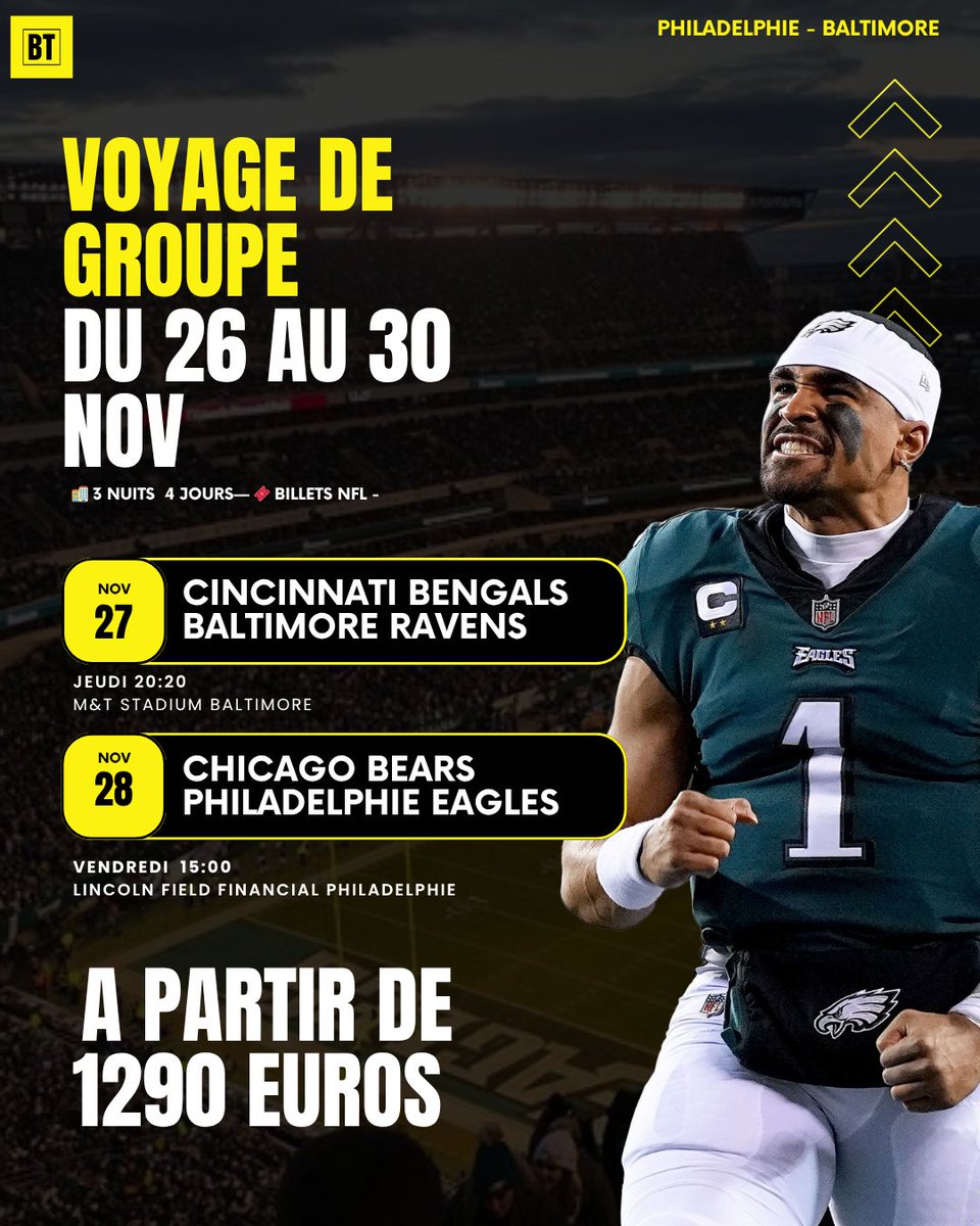 Ball_TrotterUSA's tweet image. 🇺🇸 Séjour NFL à Thanksgiving – 2 matchs en 4 jours !
📍 Baltimore &amp;amp; Philadelphie
📅 Du 26 au 30 novembre 2025
🎟 Ravens vs Bengals + Eagles vs Bears
👥 Groupe limité à 10 participants
🏨 Hôtel 3★, billets NFL, transferts et accompagnement inclus

Vols non inclus – devis possible…