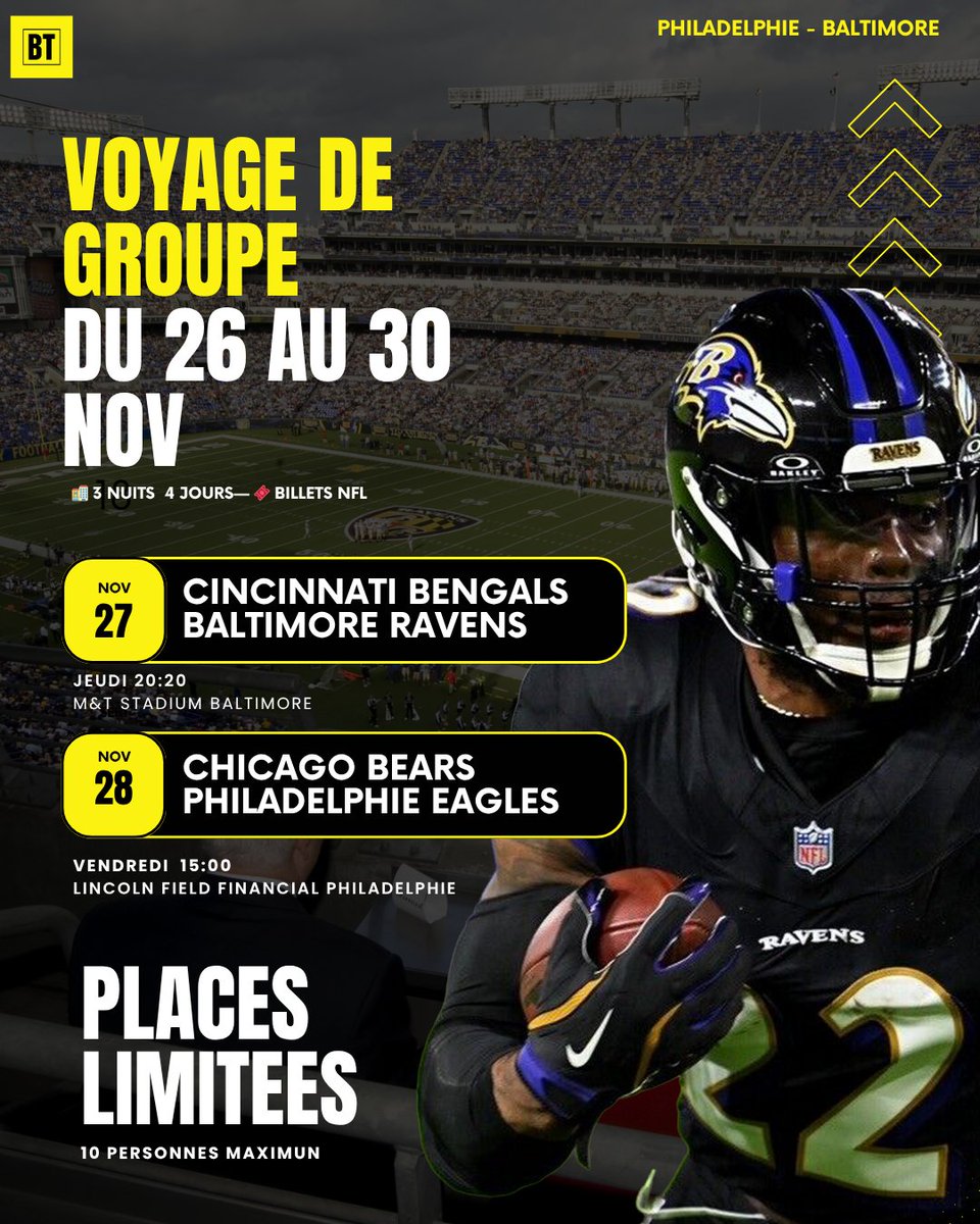 Ball_TrotterUSA's tweet image. 🇺🇸 Séjour NFL à Thanksgiving – 2 matchs en 4 jours !
📍 Baltimore &amp;amp; Philadelphie
📅 Du 26 au 30 novembre 2025
🎟 Ravens vs Bengals + Eagles vs Bears
👥 Groupe limité à 10 participants
🏨 Hôtel 3★, billets NFL, transferts et accompagnement inclus

Vols non inclus – devis possible…
