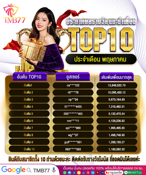 🏆 ประกาศผลรางวัล แนะนำเพื่อน
 TOP10 ประจำเดือน พฤษภาคม 

🎉รับโบนัส 20%
จากยอดเดิมพันเพื่อนทุกคน💸

ยินดีกับสมาชิกทั้ง 10 ท่านด้วยนะคะ
📨ติดต่อรับรางวัลโบนัสที่แอดมินได้เลยค่ะ

👉ทางเข้า  tmb77.fun 
📷แอดไลน์ lin.ee/78hrkpX 
 #แจกเครดิตฟรี #ทุนฟรี #TMB77