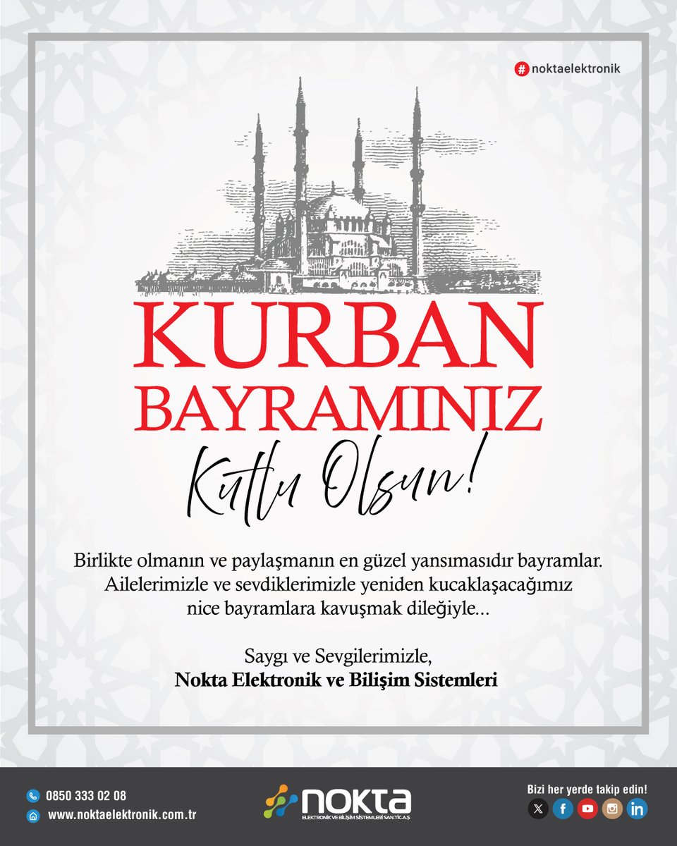 🎉 Birlikte olmanın ve paylaşmanın en güzel yansımasıdır bayramlar. Ailelerimizle ve sevdiklerimizle yeniden kucaklaşacağımız nice bayramlara kavuşmak dileğiyle...

🌙 Kurban Bayramınız kutlu olsun.

#noktaelektronik
#kurbanbayramı