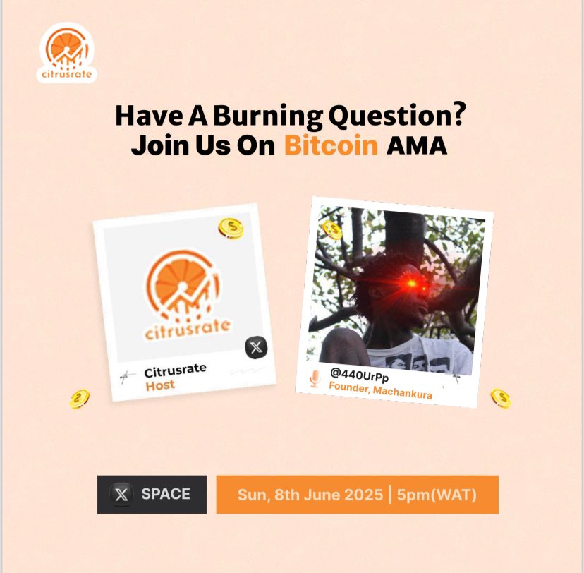 Citrusrate (@citrusrate) on Twitter photo Join us on sunday, June 8th 5pm WAT to discuss Bitcoin with <a href="/440UrPp/">kgothatso@8333.mobi</a> the founder of <a href="/Machankura8333/">Machankura 📞⚡ 8333.mobi</a>
Set your reminder 👉 x.com/i/spaces/1mrxm… Join us on sunday, June 8th 5pm WAT to discuss Bitcoin with <a href="/440UrPp/">kgothatso@8333.mobi</a> the founder of <a href="/Machankura8333/">Machankura 📞⚡ 8333.mobi</a>
Set your reminder 👉 x.com/i/spaces/1mrxm…