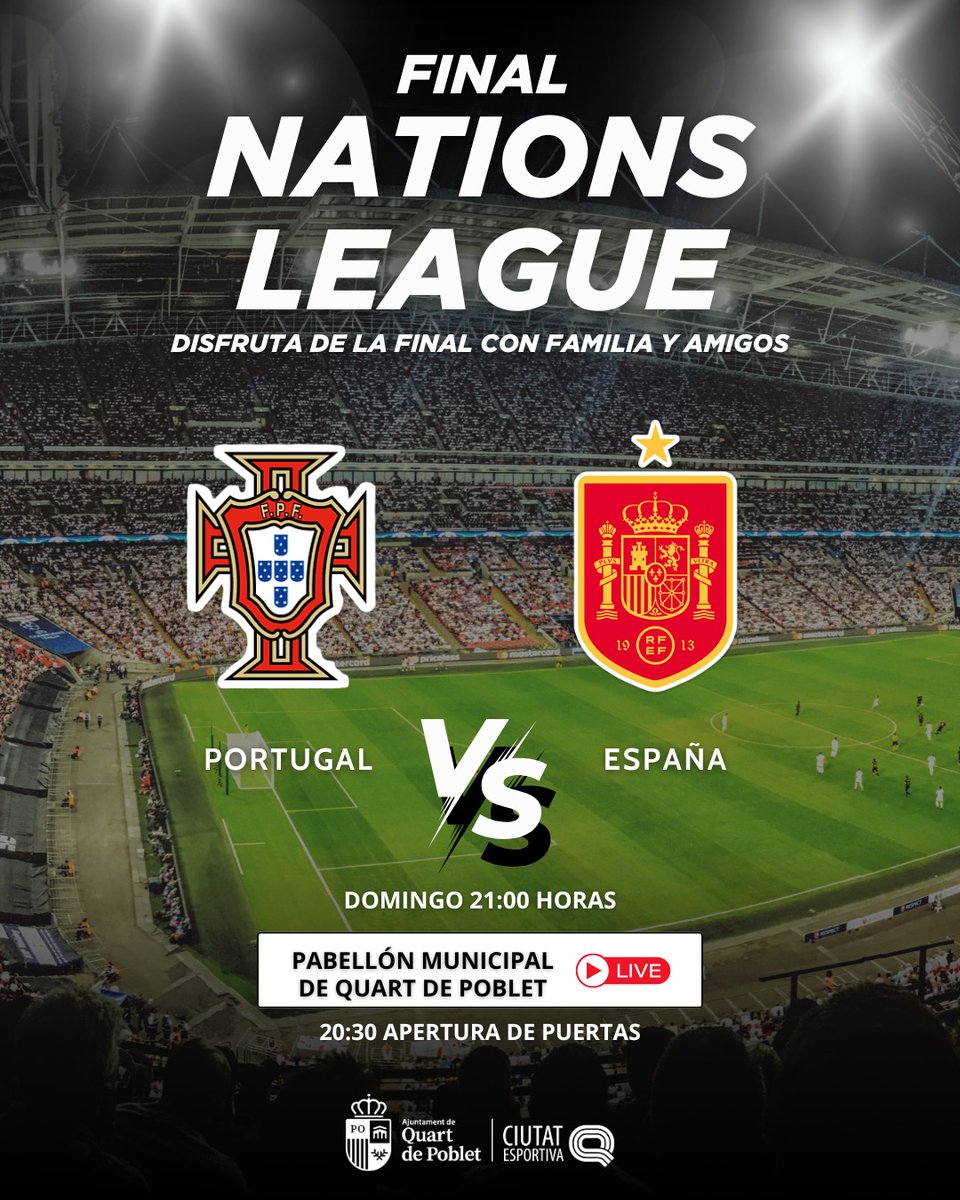 Quart de Poblet (@quartdepoblet) on Twitter photo <a href="/esportsqdp/">Ciutat Esportiva</a> <a href="/Juanjo10381/">Juanjo Susín</a> 🏆¡España a por la victoria! Vive la gran final de la Nations League en pantalla gigante.⚽
Este 8 de junio, ven al Pabellón Municipal de Quart de Poblet para disfrutar del partido entre Portugal 🇵🇹 vs 🇪🇸 España.
📍 Entrada libre hasta completar aforo
#QuartdePoblet <a href="/esportsqdp/">Ciutat Esportiva</a> <a href="/Juanjo10381/">Juanjo Susín</a> 🏆¡España a por la victoria! Vive la gran final de la Nations League en pantalla gigante.⚽
Este 8 de junio, ven al Pabellón Municipal de Quart de Poblet para disfrutar del partido entre Portugal 🇵🇹 vs 🇪🇸 España.
📍 Entrada libre hasta completar aforo
#QuartdePoblet
