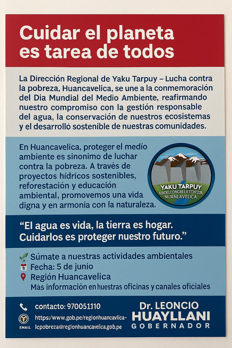 🌎 Cuidar el planeta es tarea de todos 🌱
Desde @YakuTarpuyHV nos sumamos al #DíaMundialDelMedioAmbiente reafirmando nuestro compromiso con el agua, los ecosistemas y el desarrollo sostenible en Huancavelica.
💧 “El agua es vida, la tierra es hogar.”
📅 5 de junio
📍 Huancavelica