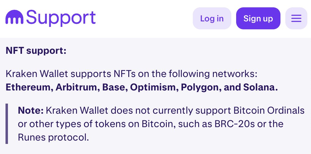 🚨JUST IN: Today, @Kraken Wallet has recently added a new note mentioning non-support for Bitcoin Ordinals or #Runes Protocol.....for now👀

Source: support.kraken.com/articles/suppo…
