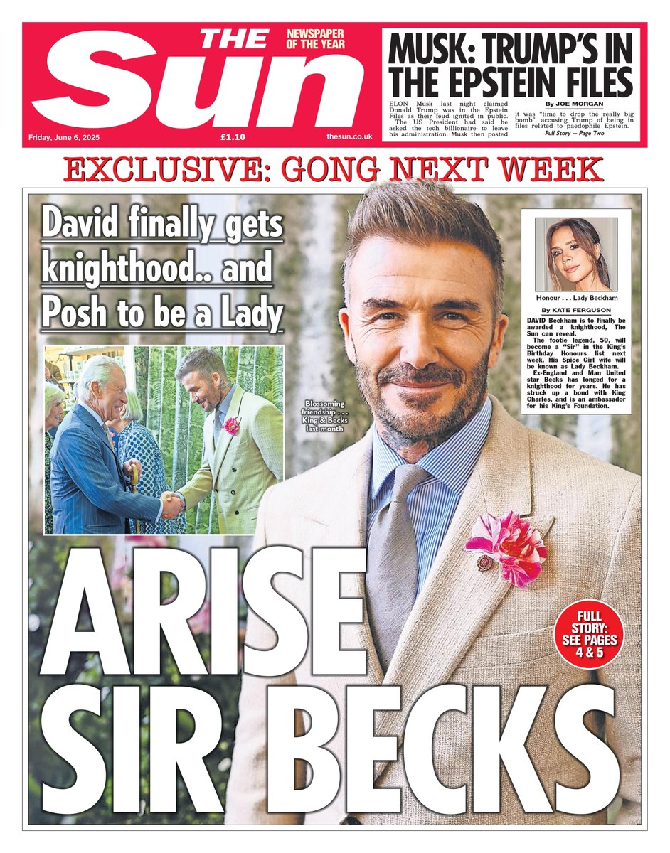 The Sun: Arise Sir Becks #TomorrowsPapersToday