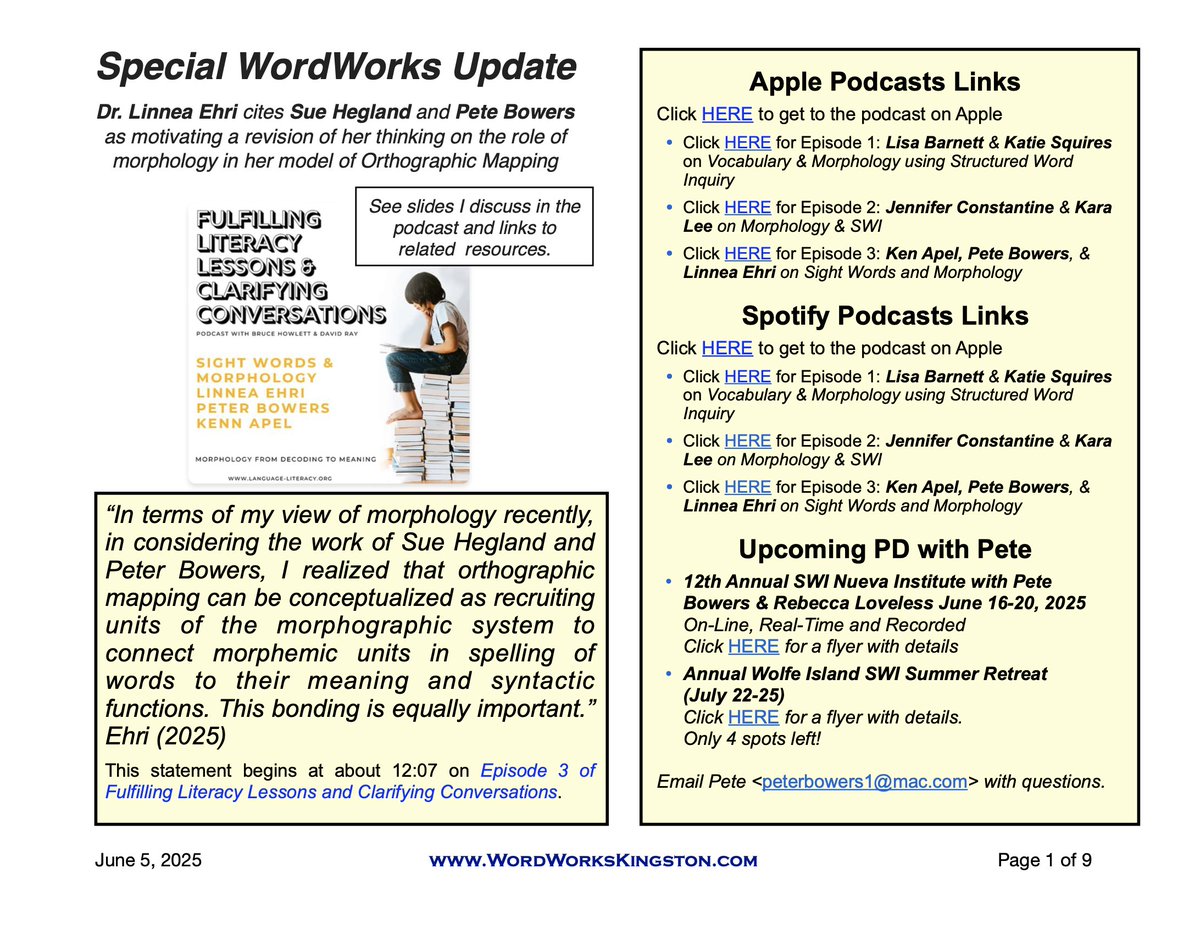 tinyurl.com/4kc578pb 
Ehri cites  Sue Hegland me for shifting her thinking about the role of morphology in Orthographic mapping. The linked document points to the podcast, has a short reflection on this discussion, many resources, and  graphics to reference while listening.