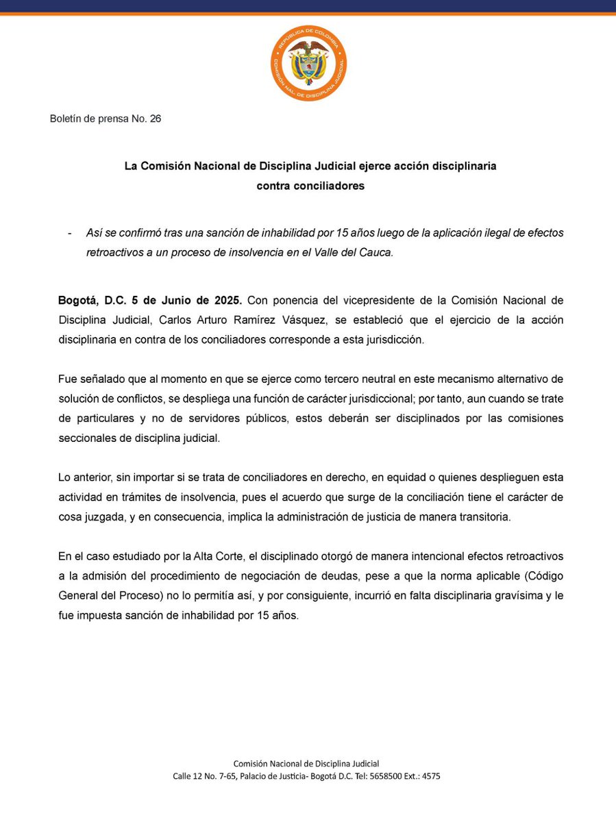 CNDJ_Col's tweet photo. #NoticiasCNDJ | Cuando los conciliadores ejercen funciones jurisdiccionales, corresponde su control disciplinario a #LaCorteDeLaGente. Así lo estipula esta sentencia de nuestro vicepresidente @cramireznet, que dejó en firme una inhabilidad por 15 años ante una conducta irregular. https://t.co/hj66swQvvg