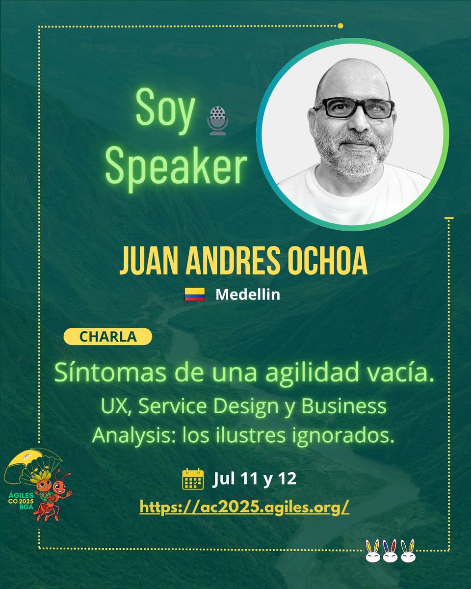 AgilesColombia's tweet photo. 🎤 Speaker confirmado: Juan Andres Ochoa, desde Medellín, Colombia

🟡 Síntomas de una agilidad vacía. UX, Service Design y Business Analysis: los ilustres ignorados.

📅 11 y 12 de julio
🔗 https://t.co/gkc6DzL4fc

#AgilesColombia2025 #ACO25 https://t.co/Ei5alEqIQe