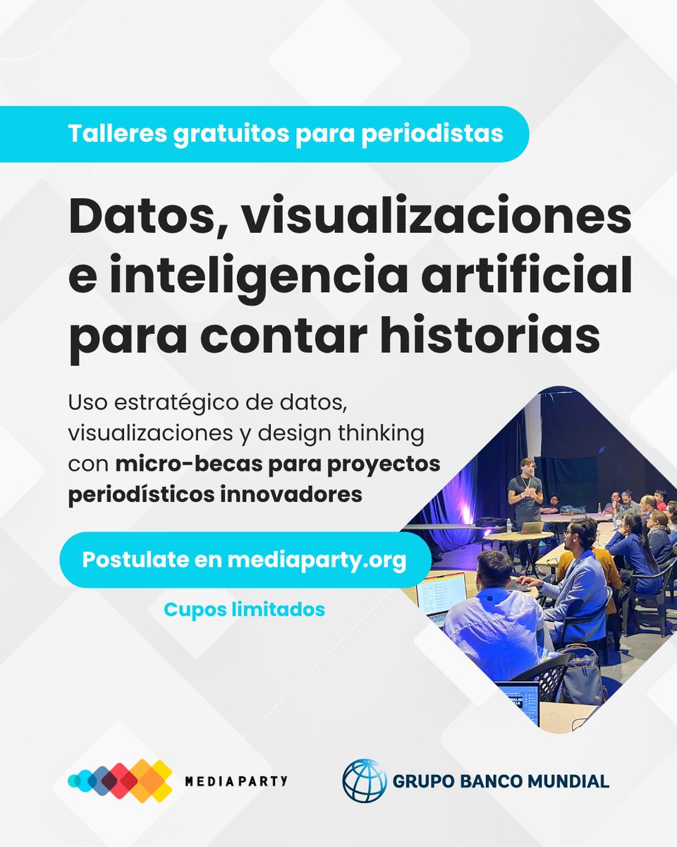 Media Party🎉 (@mediapartyorg) on Twitter photo ¿Sos periodista? No te pierdas esta oportunidad.
🤖🛠️ Junto al <a href="/BancoMundialArg/">Banco Mundial Argentina</a>, lanzamos un programa de capacitación con talleres y micro-becas para proyectos periodísticos innovadores camino a #MediaParty 🎉 Buenos Aires.
¡Pronto más info!
Postulate👇
mediaparty.org ¿Sos periodista? No te pierdas esta oportunidad.
🤖🛠️ Junto al <a href="/BancoMundialArg/">Banco Mundial Argentina</a>, lanzamos un programa de capacitación con talleres y micro-becas para proyectos periodísticos innovadores camino a #MediaParty 🎉 Buenos Aires.
¡Pronto más info!
Postulate👇
mediaparty.org