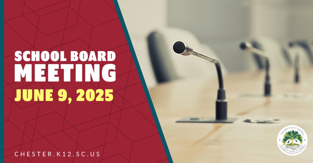 Our next Board Meeting is 6/9/25. Public Budget Hearing begins at 4 p.m. Regular Session begins at 5:30 p.m.

Agenda: chester.k12.sc.us/page/board-mee… 
Comment: chester.k12.sc.us/page/public-co… 
Watch: youtube.com/c/CCSDLIVE
