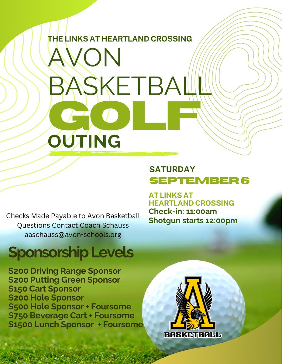 Drew Schauss (@coachdschauss) on Twitter photo The Annual <a href="/AvonOrioleHoops/">Avon High School Basketball</a> and <a href="/AHSOriolesGbb/">Avon Orioles Girls Basketball</a> Golf Outing is September 6th at the Links at Heartland Crossing!
Reach out to myself or new Avon GBB Coach <a href="/beccahoefler/">Coach Becca Hoefler</a> for any questions or how to signup a team or sponsor a hole! The Annual <a href="/AvonOrioleHoops/">Avon High School Basketball</a> and <a href="/AHSOriolesGbb/">Avon Orioles Girls Basketball</a> Golf Outing is September 6th at the Links at Heartland Crossing!
Reach out to myself or new Avon GBB Coach <a href="/beccahoefler/">Coach Becca Hoefler</a> for any questions or how to signup a team or sponsor a hole!