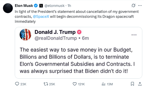 Now this is just getting silly. Who actually believes Elon Musk is serious about decommissioning Dragon? Just like Trump is not gonna cancel the SpaceX contracts. The budget battle was one thing, now they're just playing chicken. They will both back down.