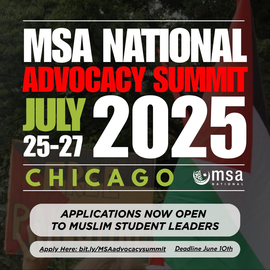 We are launching our first-ever Muslim Student Advocacy Summit this summer in Chicago! 

Apply by June 10: bit.ly/MSAadvocacysum…

Join Muslim student leaders from across the country to build advocacy, social justice, &amp; Islamic grounding.

#MSAnational #MuslimStudentAssociation