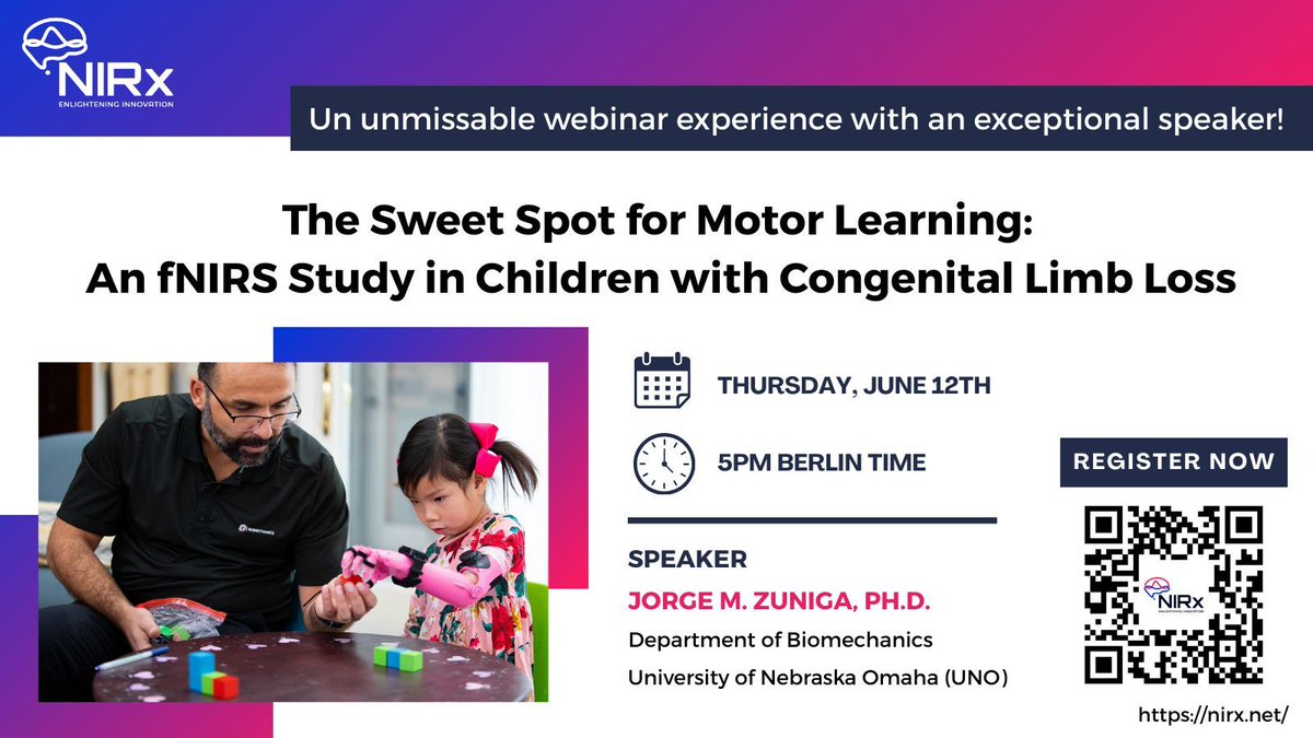 Join our next webinar featuring Dr. Jorge Zuniga from UNO's Biomechanics Department. Learn how prosthetics influence motor skills and brain adaptation in children with limb loss, using fNIRS to monitor neural changes. Sign up now! buff.ly/ZXoW6EB
#Neuroscience