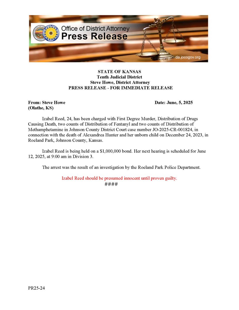 JO-2025-CR-001824 State v. Reed. Suspect charged in overdose death case.