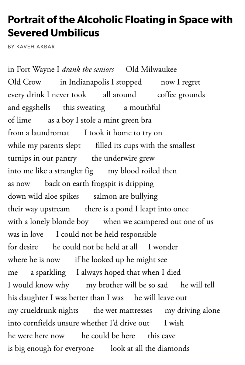 A banger from title to last phrase. By Kaveh Akbar...

poetryfoundation.org/poetrymagazine…