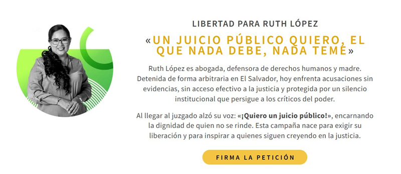 🗳️ #RuthNoEstáSola | Ruth ha dedicado su vida a defender derechos humanos, pero hoy es una presa política en El Salvador. 

¡Defiende su libertad! 📢

#LibertadParaRuthLópez
#JuicioPúblicoParaRuth
#TenganDecencia

🔗 libertadpararuth.org