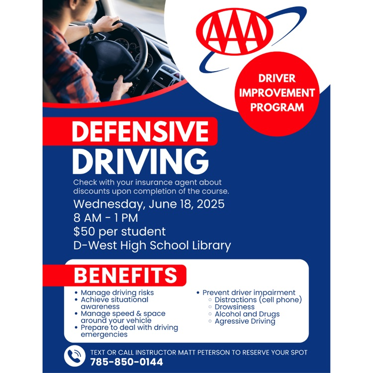 Check out this information about a defensive driving opportunity for students in 7-12th grades.