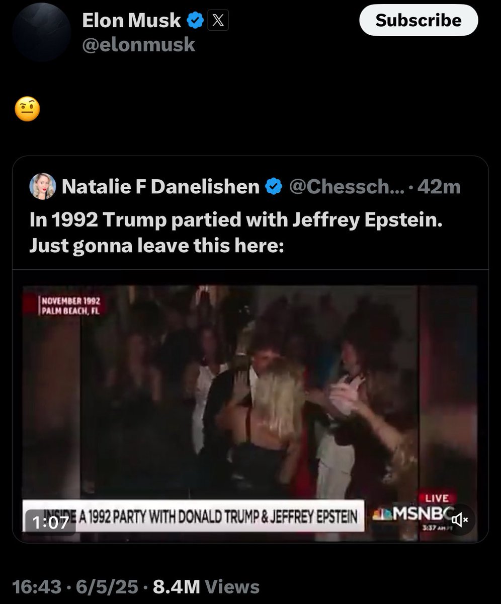 Elon Musk is now sharing footage of Trump partying with Jeffrey Epstein. 

What a glorious day.🍿