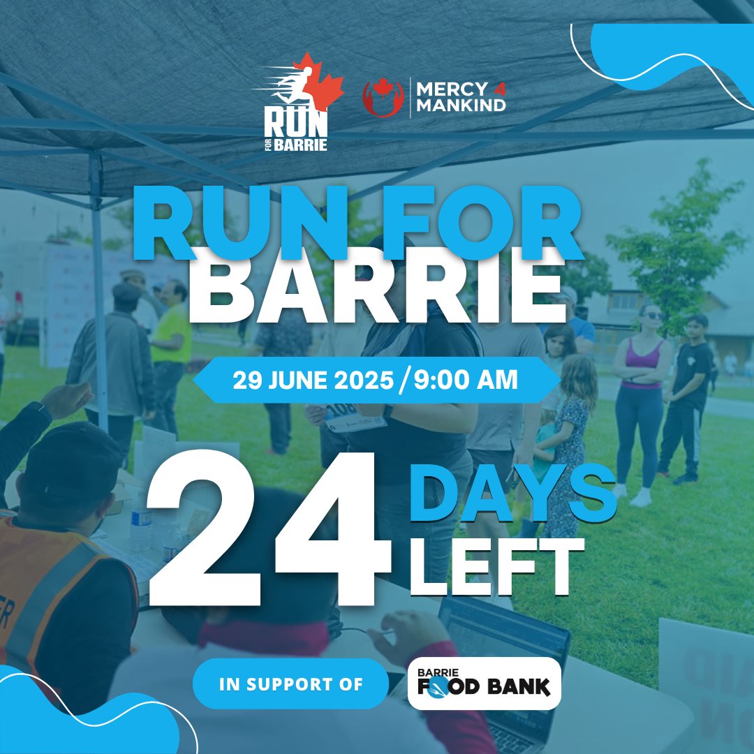 RunForBarrie's tweet image. 24 DAYS LEFT!

Barrie, let’s make it LOUD!

Hit the streets June 29 at 9 AM for Run For Barrie and support @BarrieFoodBank💙

Bring the fire. Spark the change.

Register now: raceroster.com/events/2025/98…

Run bold. Run proud. Make impact!

#RunForBarrie #Mercy4Mankind #Barrie