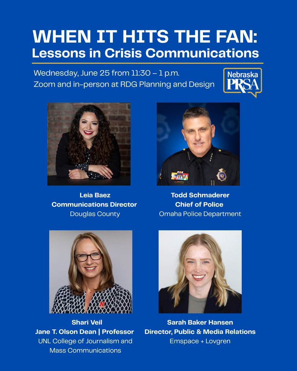 🔥 When It Hits the Fan: Lessons in Crisis Communications

🗓️ Wednesday, June 25 | 11:30 AM – 1 PM
📍 RDG Planning and Design, 1302 Howard St, Omaha, NE
💻 Join in person or via Zoom! 
🔗 prsanebraska.org/meetinginfo.php