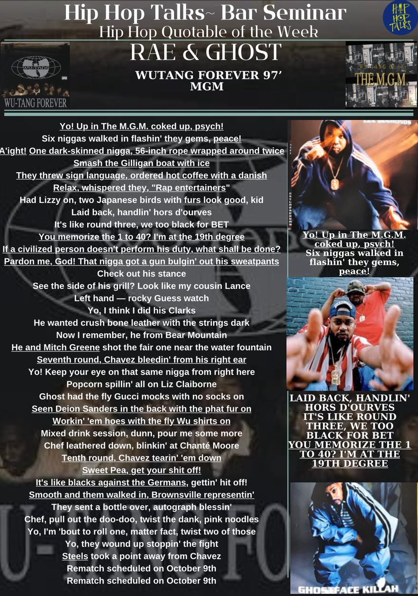 hiphoptalks1's tweet image. For this week’s Bar Seminar “Hip Hop Quotable”, @A_Colin_Cooper went with Rae and Ghost’s performance on M.G.M from Wutang Forever.