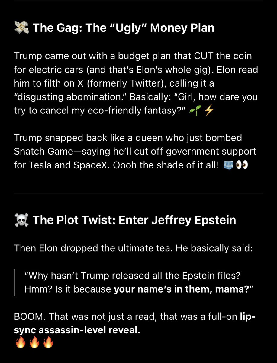 beediaz_'s tweet photo. When you ask chat gpt to explain the Elon vs. Trump feud as if they were on @RuPaulsDragRace and I’m LIVING for it. 💅 https://t.co/U1mMKwJcbu