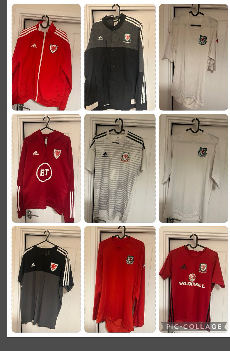 Wales football shirts 🚨 

🏴󠁧󠁢󠁷󠁬󠁳󠁿 

Small (£30) Medium (£20)XXXL (£20)
Small (£10) XS (£10) XL (£25)
XL (£10) XXL (£25) Small (£10)