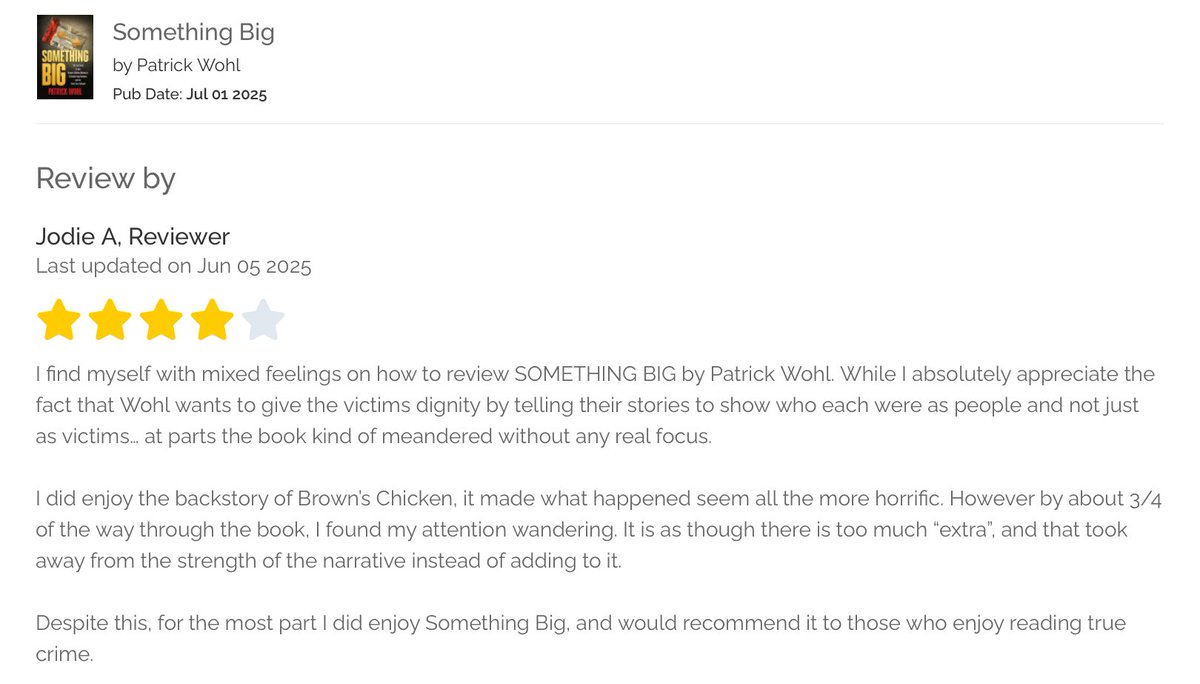 📚 #bookreviews SOMETHING BIG by Patrick Wohl tells of the true massacre at Brown’s Chicken, and allows us to really know the victims of that horrific night. #netgalley #SomethingBig
