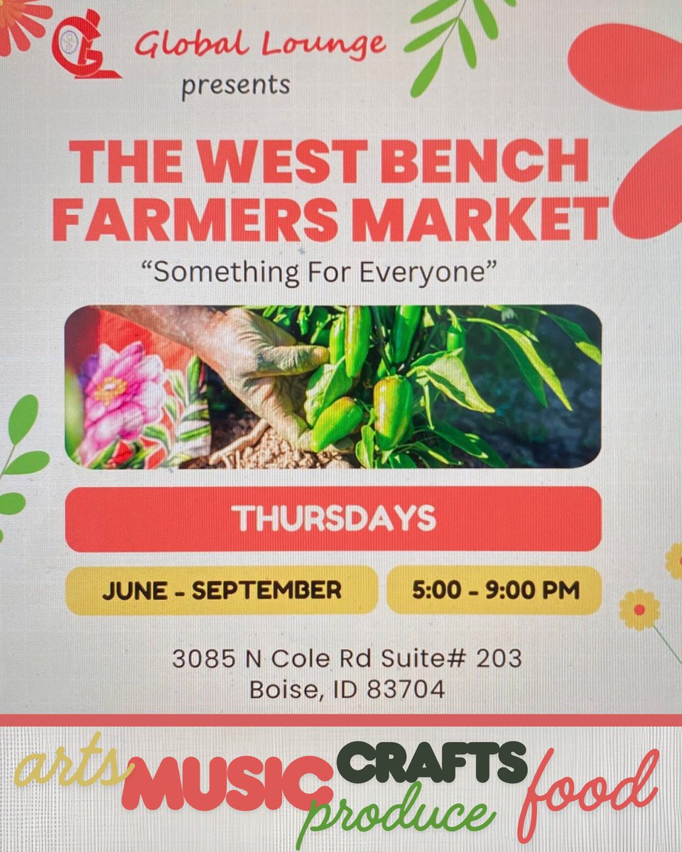 West Bench Farmers Market launches TONIGHT!!
June 5th | 5–9 PM
3085 North Cole Road
We’re so excited to welcome you to a vibrant new market. Explore farm fresh produce, artisan goods, and globally inspired flavors + live tunes from Tropico FM. We can’t wait to see you!